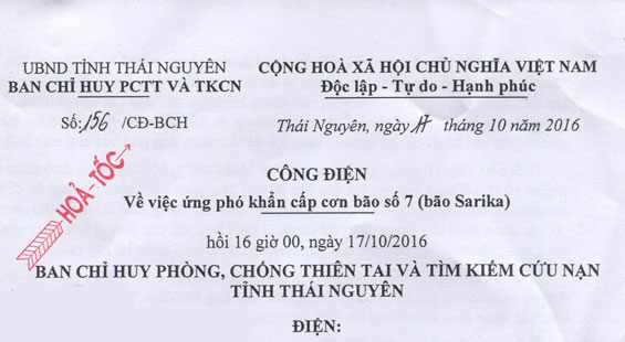 Công điện về việc ứng phó khẩn cấp cơn bão số 7 (bão Sarika)
