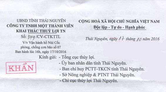 Công văn về việc vận hành hồ Núi Cốc phòng, chống cơn bão số 07