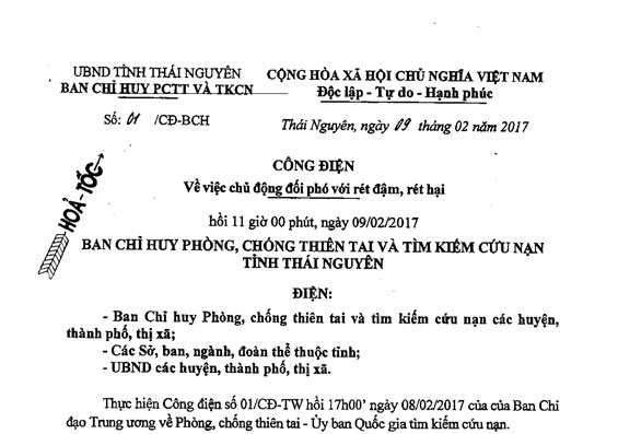 Công điện về việc chủ động đối phó với rét đậm, rét hại