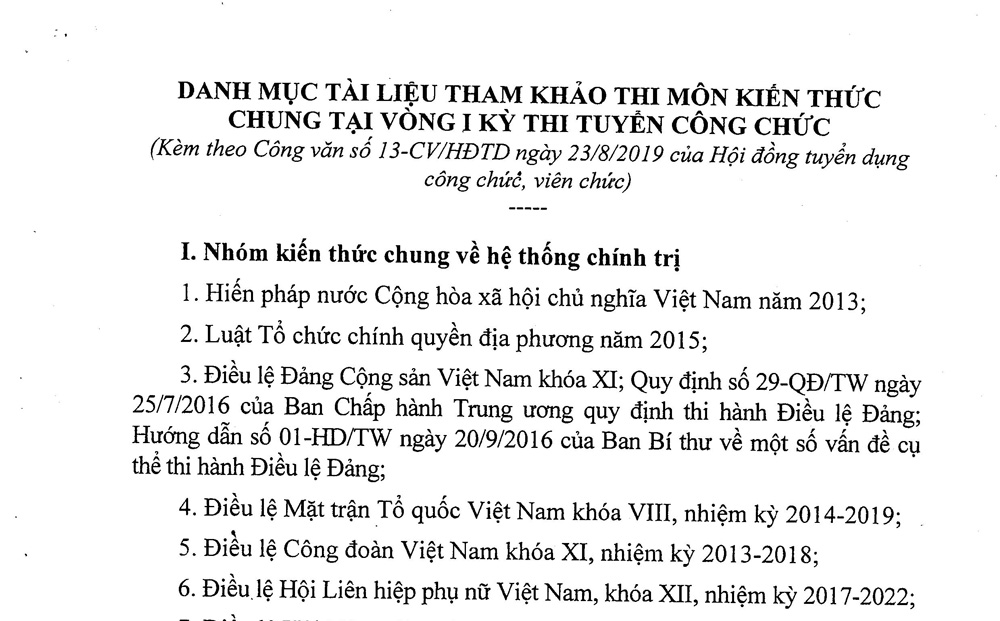 Danh mục tài liệu tham khảo thi môn Kiến thức chung đối với thi tuyển công chức và viên chức tỉnh Thái Nguyên năm 2019