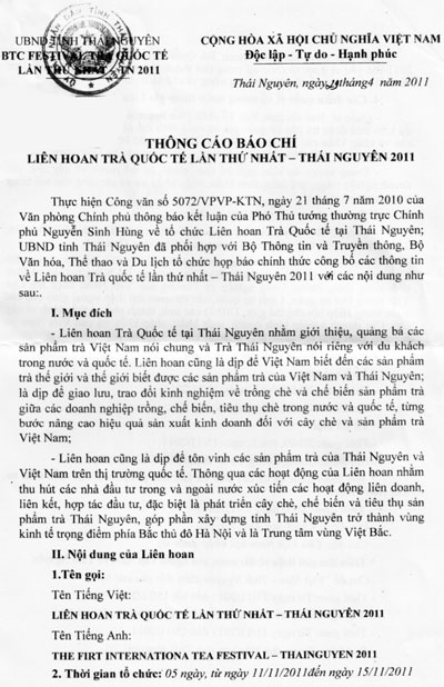 Thông cáo báo chí về Liên hoan trà Quốc tế lần thứ nhất - Thái Nguyên 2011