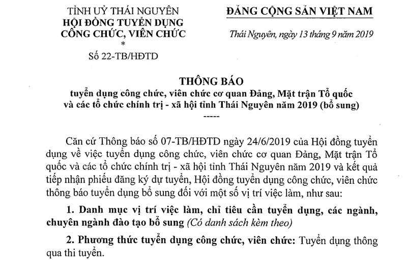 Thông báo tuyển dụng bổ sung công chức, viên chức cơ quan Đảng, MTTQ và các tổ chức chính trị - xã hội tỉnh Thái Nguyên năm 2019